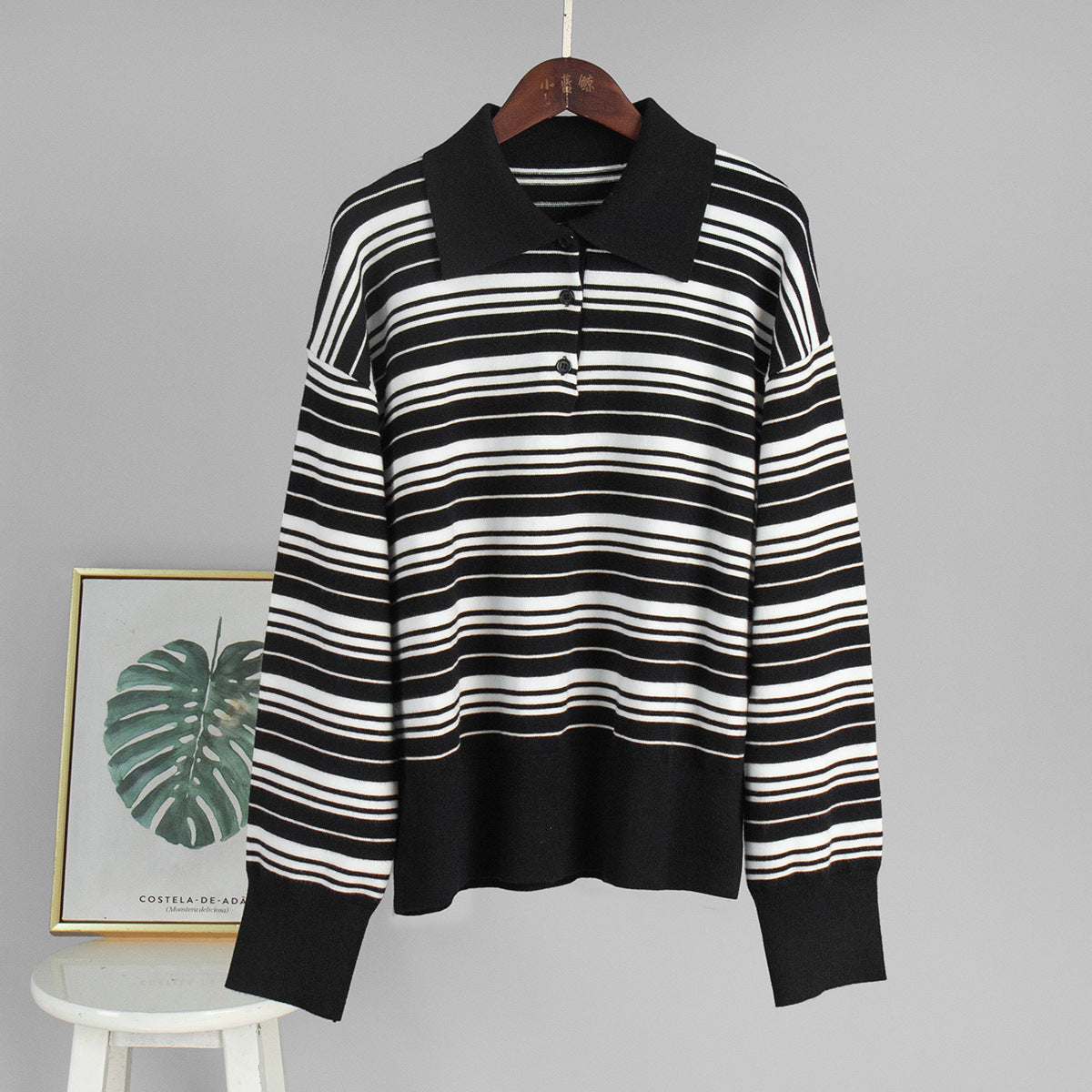 Striped Sweater Retro Contrast Color Striped Polo Collar Knitted T-shirt