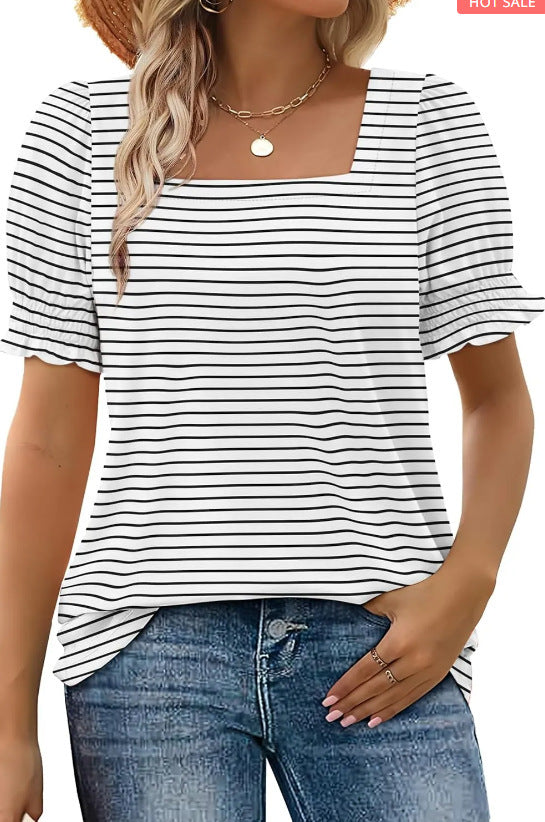 Mode Enkel U-hals Kronbladærme Løs T-shirt