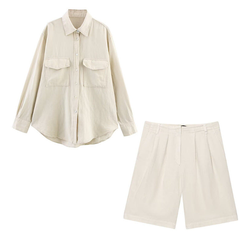 Blended Shirt Linen Blended Pleated Casual Shorts