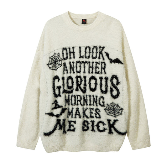 Dark High Street Letter Jacquard Round Neck Sweater