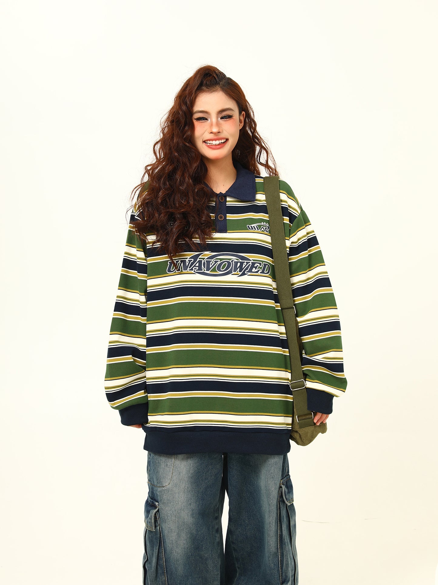 Vintage Matcha Green Striped Sweater Polo Collar Jacket