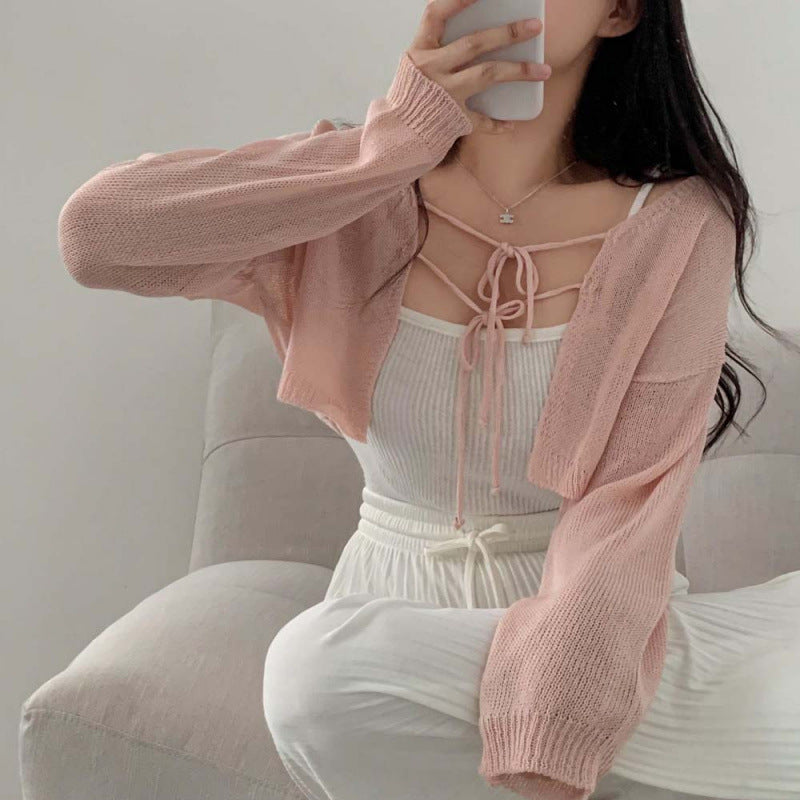 Shawl Tie-front Top Korean Style Solid Color Sweater