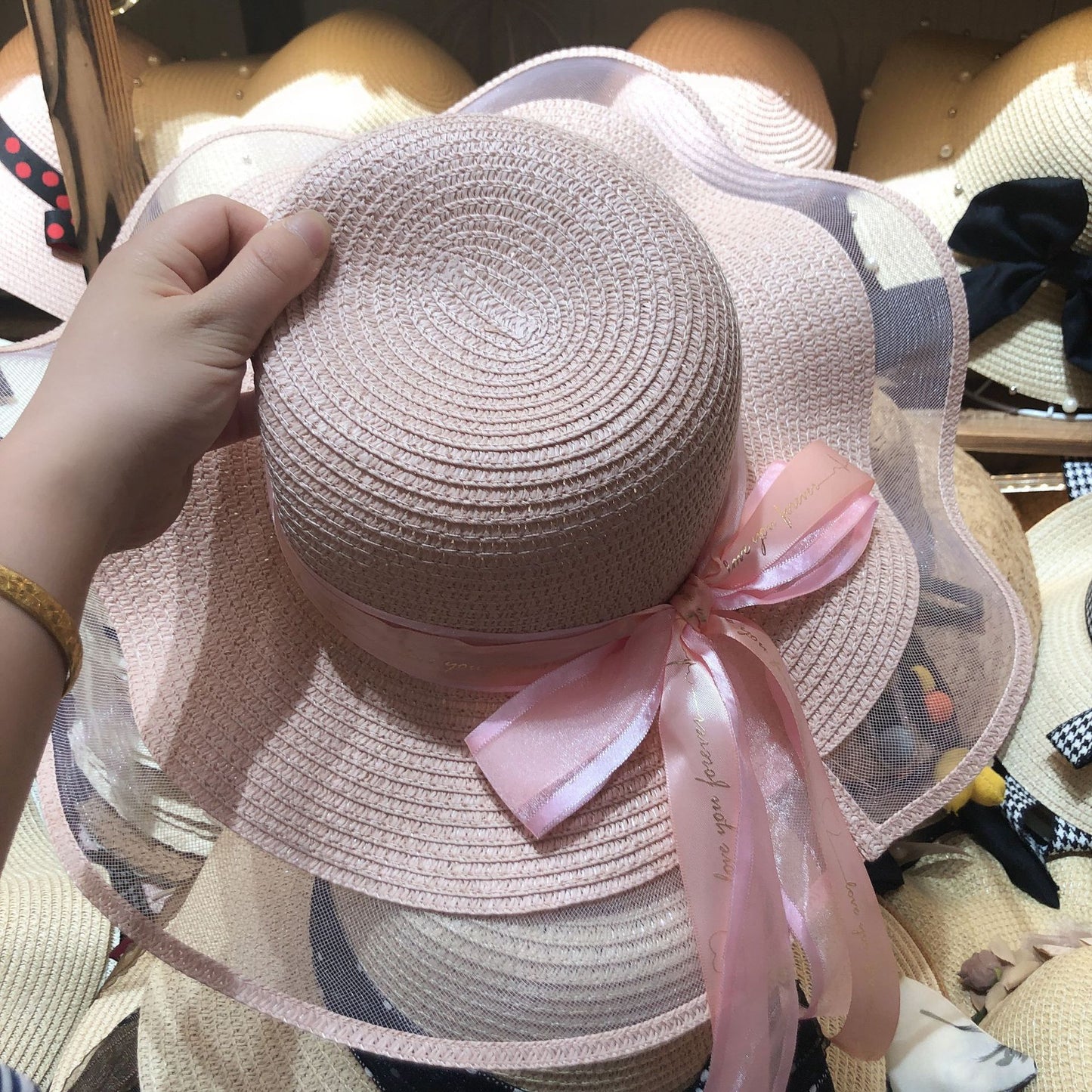 Women's Korean Version Letter Bow Streamer Romantic Mesh Sun Hat