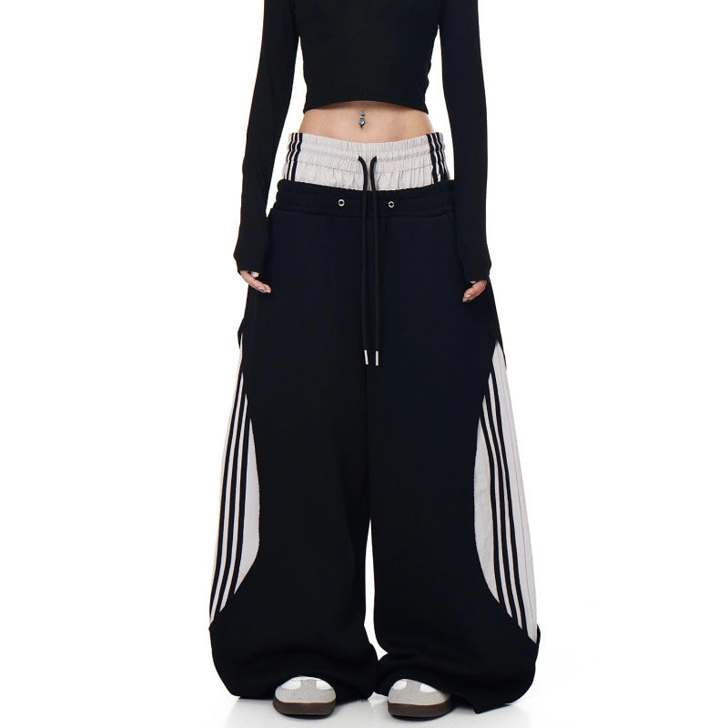 American-style Retro Faux Two-piece Striped Patchwork Jogger Pants