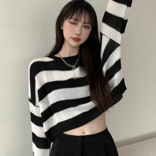 Women's Black And White Striped Sweater Autumn And Winter Sweater Long-sleeved Blouse