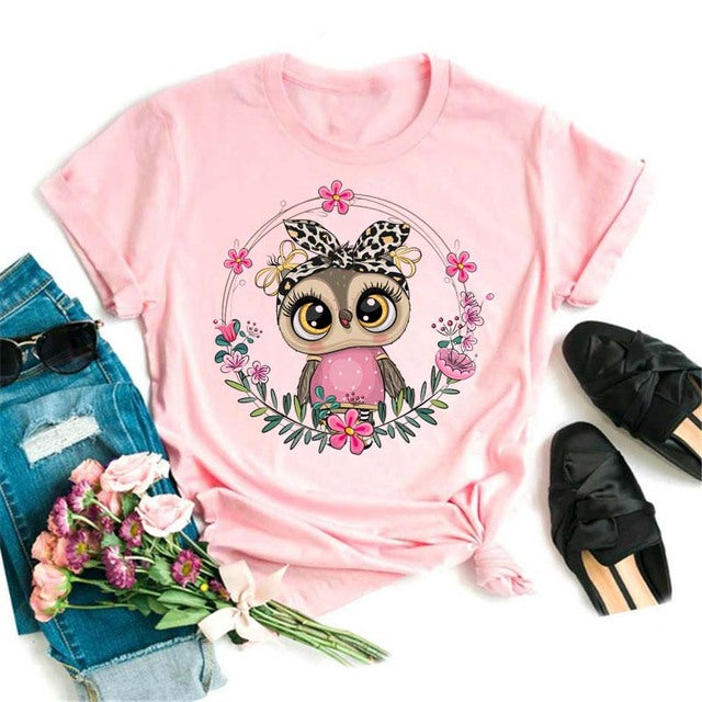 Owl Cute Cartoon Print Short Sleeve