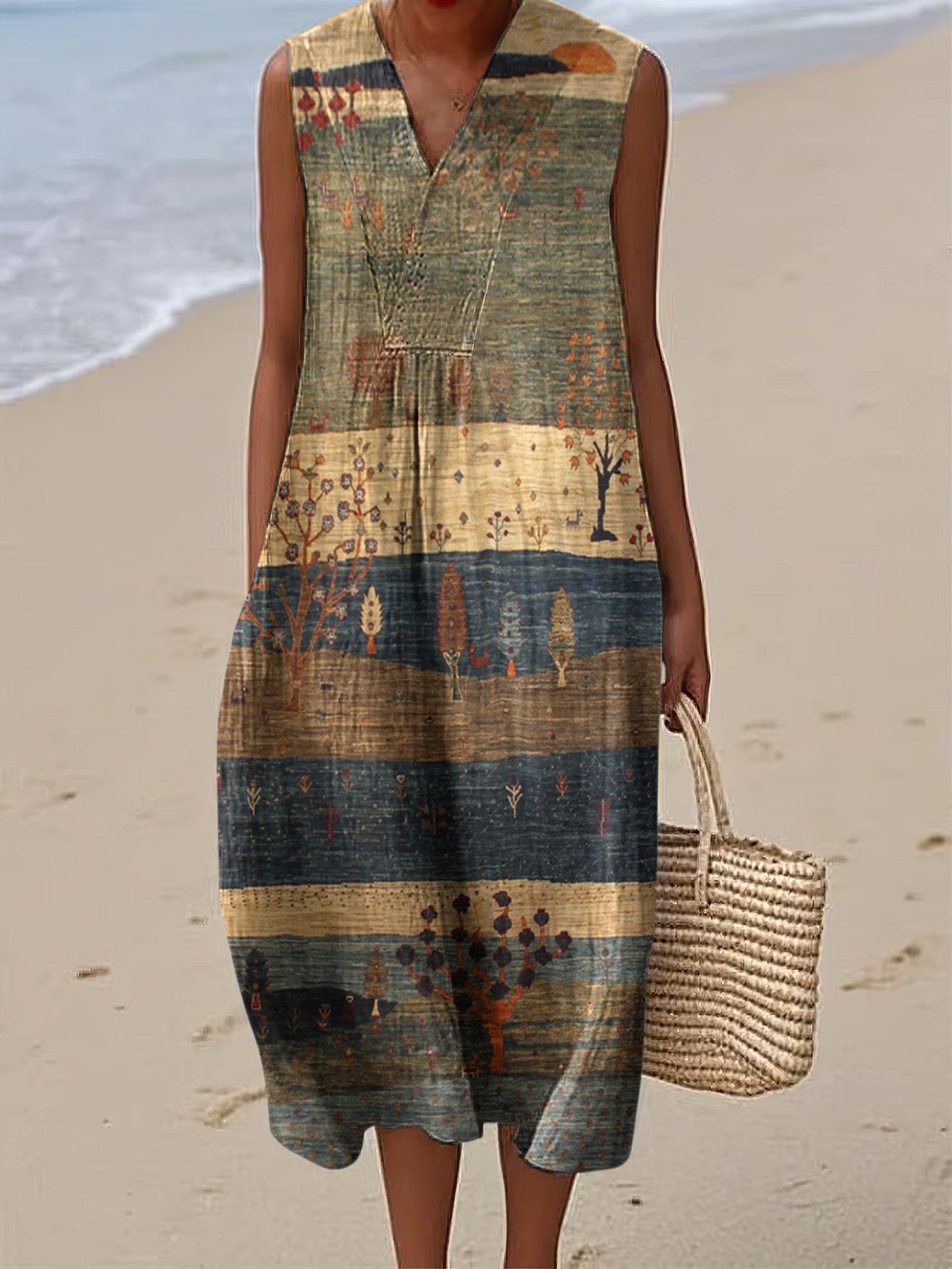 Womens Fashionable V-Neck Sleeveless Printed Dress