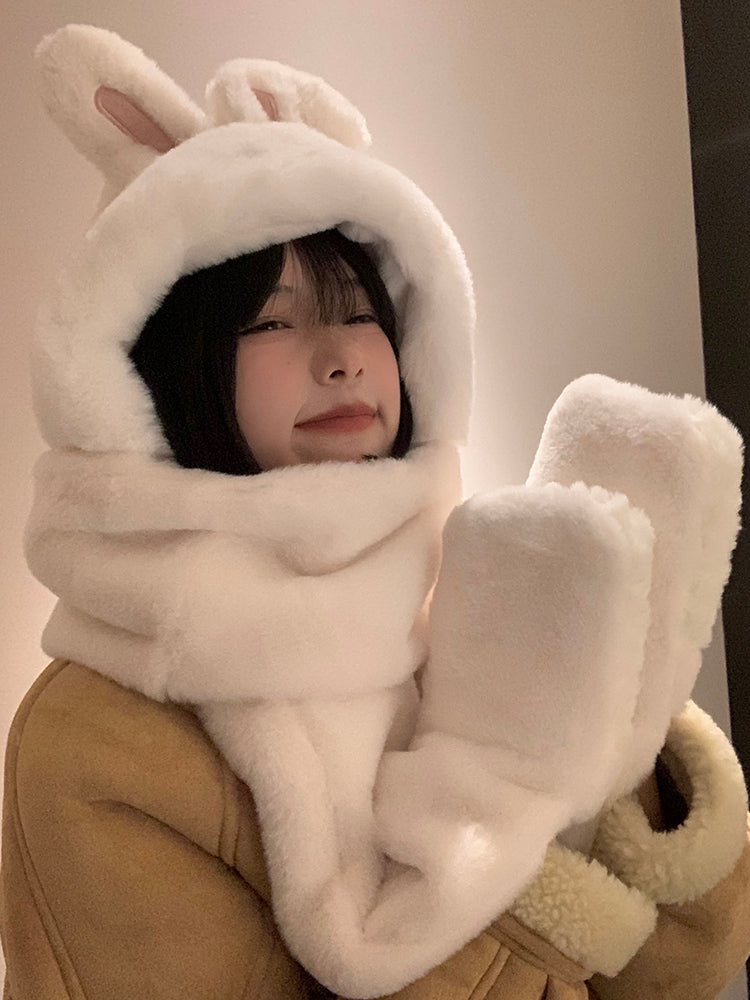 White Bunny Ears Hat And Scarf All In One