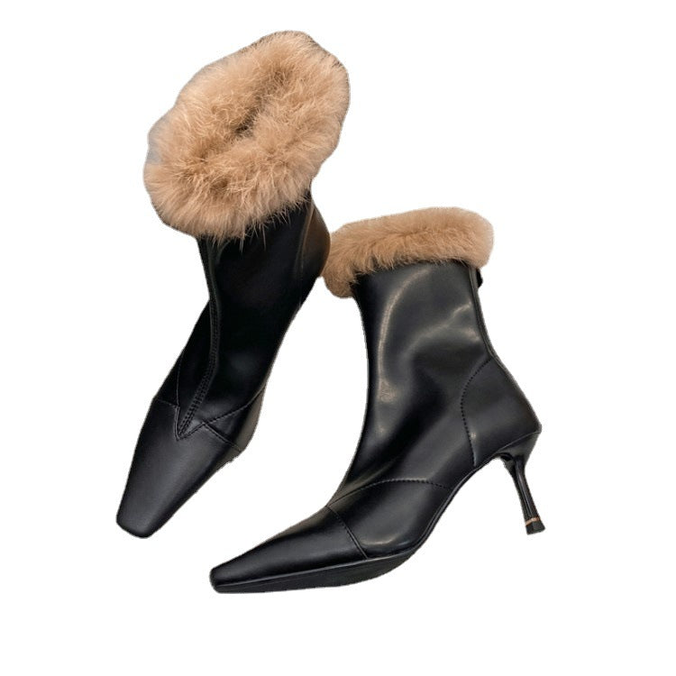 Top Layer Cowhide Rabbit Fur Skinny Boots Small Square Toe Stiletto Heel Stretch