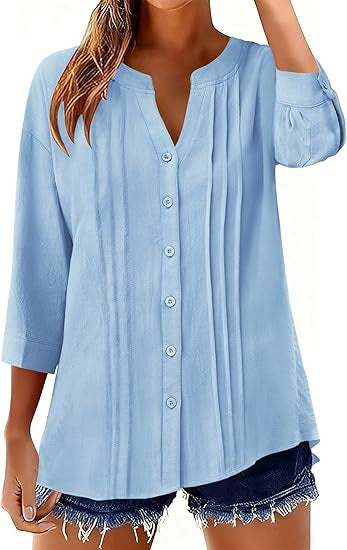 Pleated Casual Solid-Color Loose Cotton-Linen Shirt