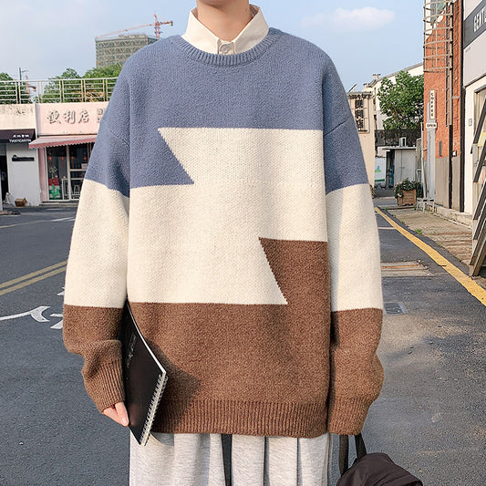 Men's Color Block Loose Round Neck Sweater