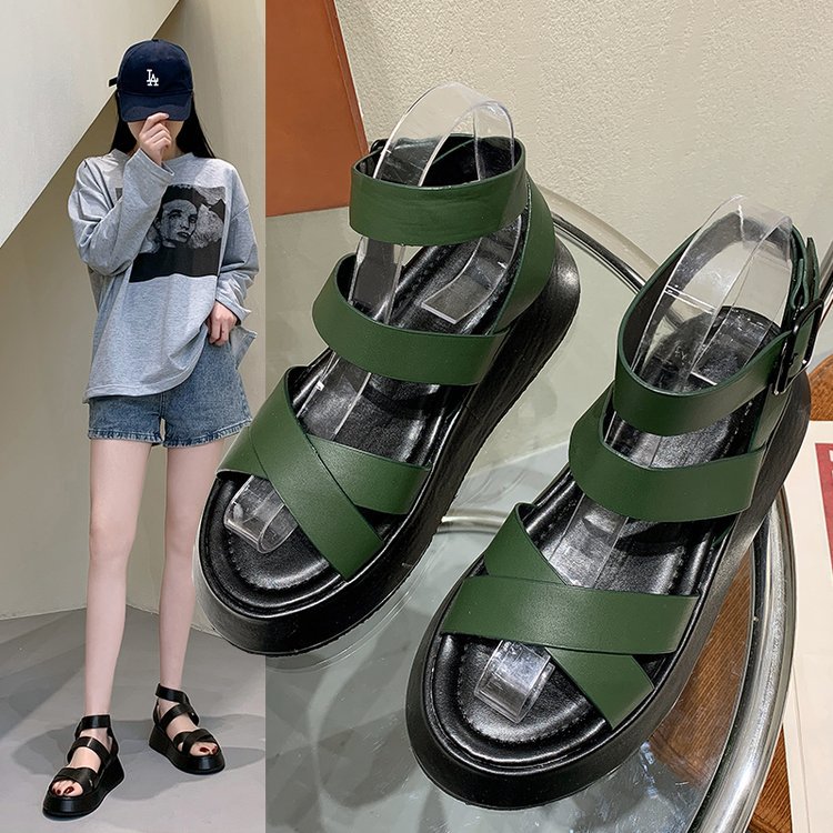 Thick-soled Heightened Roman Shoes Retro Round Head Thin Belt Buckle Sandals
