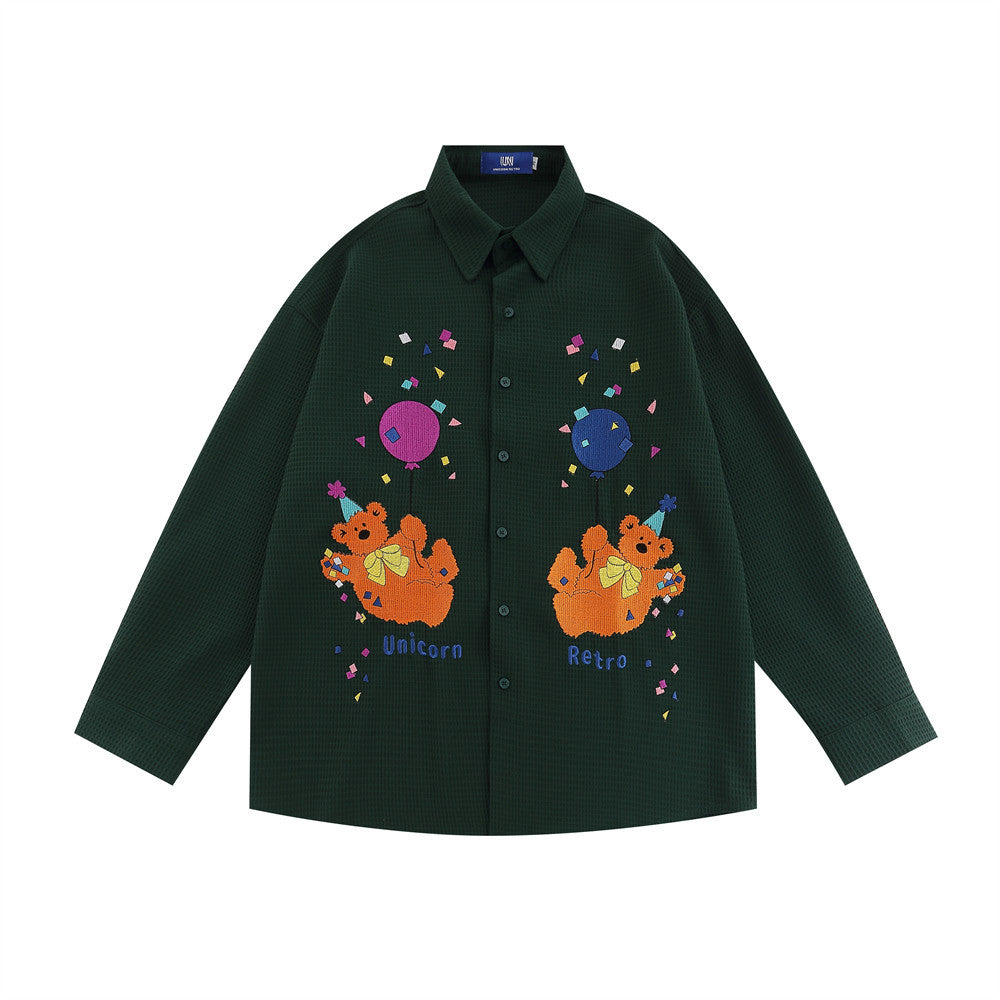 Street Fashion Japanese Bear Embroidery Long Sleeve Shirt