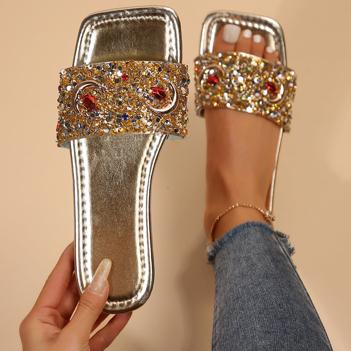 Women's Slippers Fashion Rhinestone Sequins Flat One-word Casual Cool