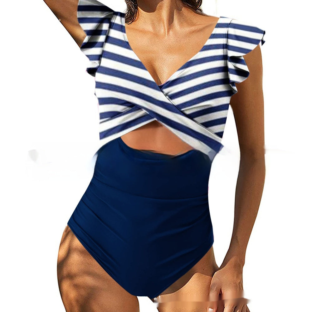 Color Contrast Patchwork Flounce Covered Belly Swimsuit