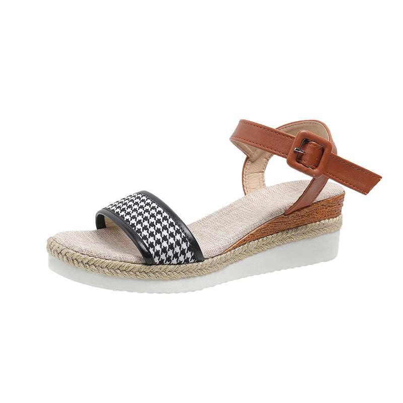 Houndstooth-mønstrede sandaler til kvinder med spænde, sommer, festsko