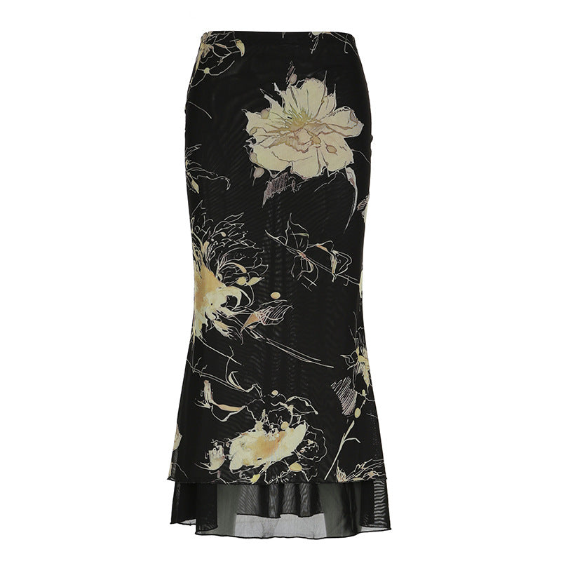 Women's Vintage Tie-dyed Floral Printed Mesh Skirt