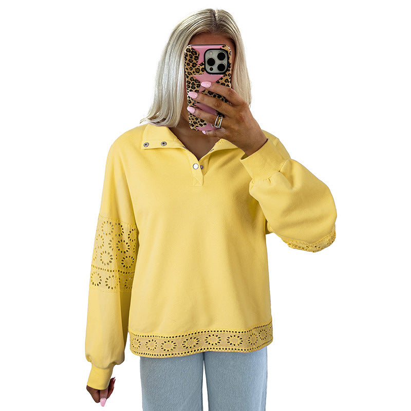 Ensfarvet Pullover Revers Langærmet Sweater Damemode Europæisk og Amerikansk