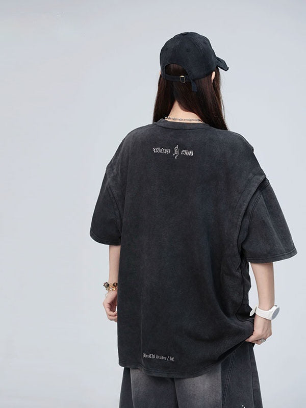 American Washed Distressed Design Fake Two-piece Structure Embroidery Short Sleeve