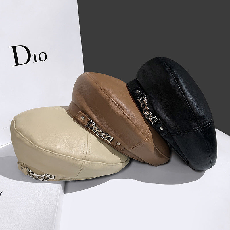 Women's British Vintage Chain Leather Beret Hat