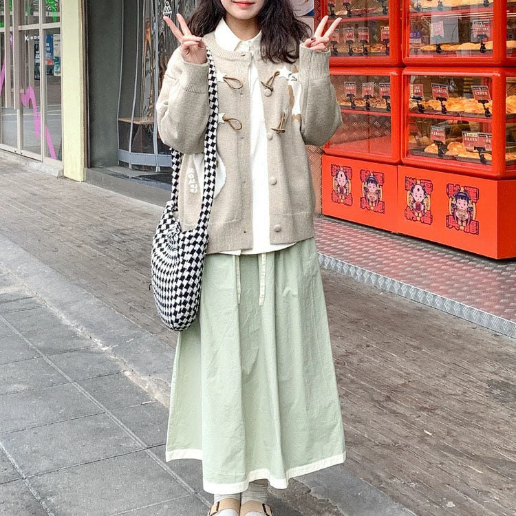 Japanese Style Sweet And Cute Cartoon Jacquard Horn Button Knitted Cardigan