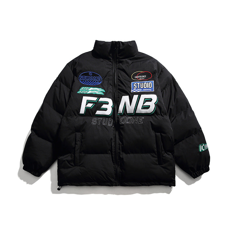 Men's Solid Color Racing Elements Embroidered Letter Stand Collar Jacket