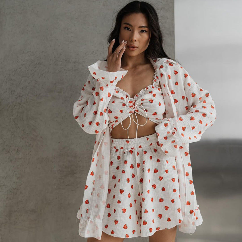 Sweet Floral Print Womens Cotton Ruffle-Trim Underwear Three-Piece Set Long-Sleeve Top And Shorts