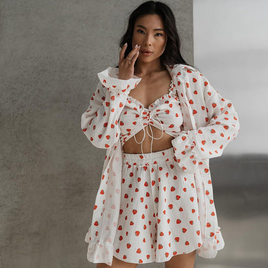 Sweet Floral Print Womens Cotton Ruffle-Trim Underwear Three-Piece Set Long-Sleeve Top And Shorts