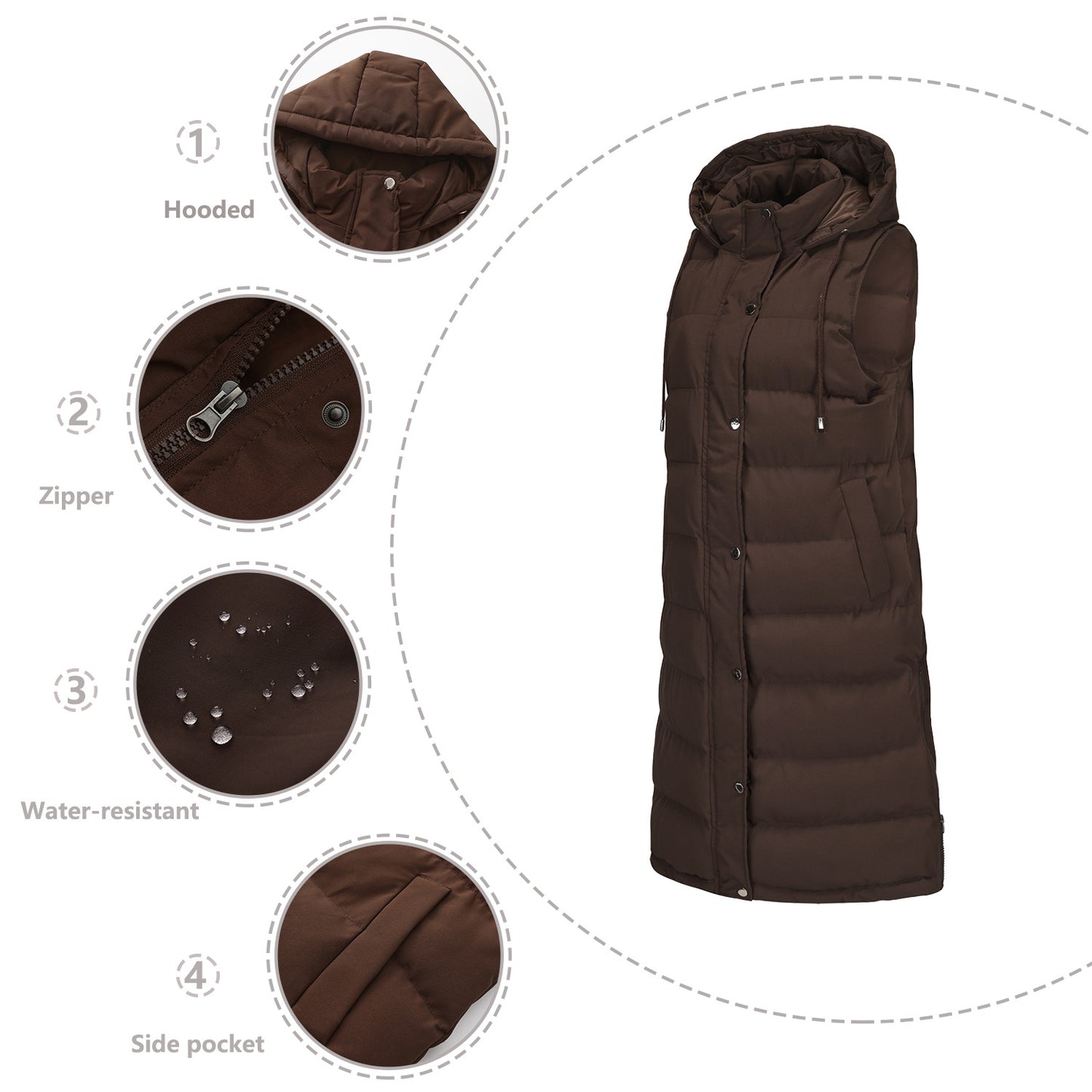 Ladies Hooded Sleeveless Zipper Cotton Padded Thickened