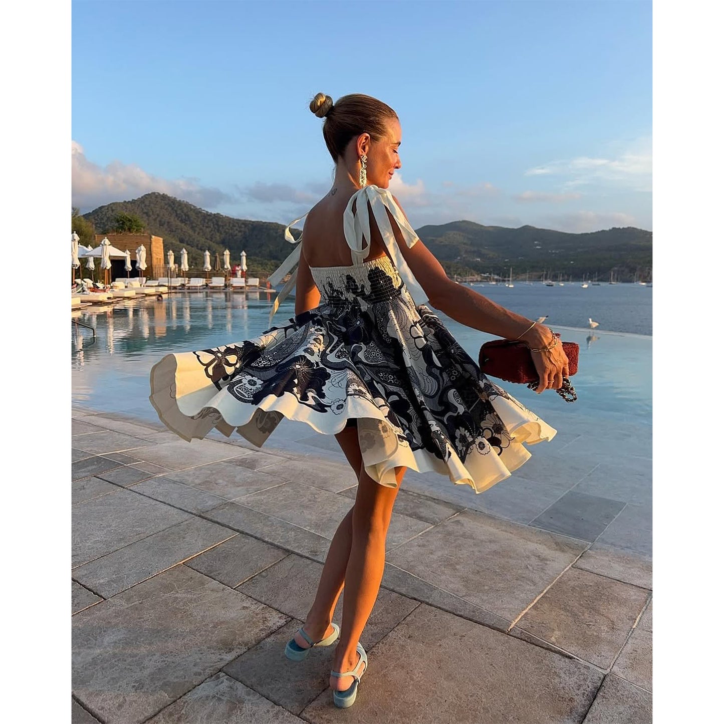 Spring Summer Resort Style Printed Lace Up Short Dress