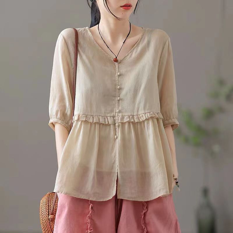 Loose V-neck Half Sleeve Cotton Linen Shirt