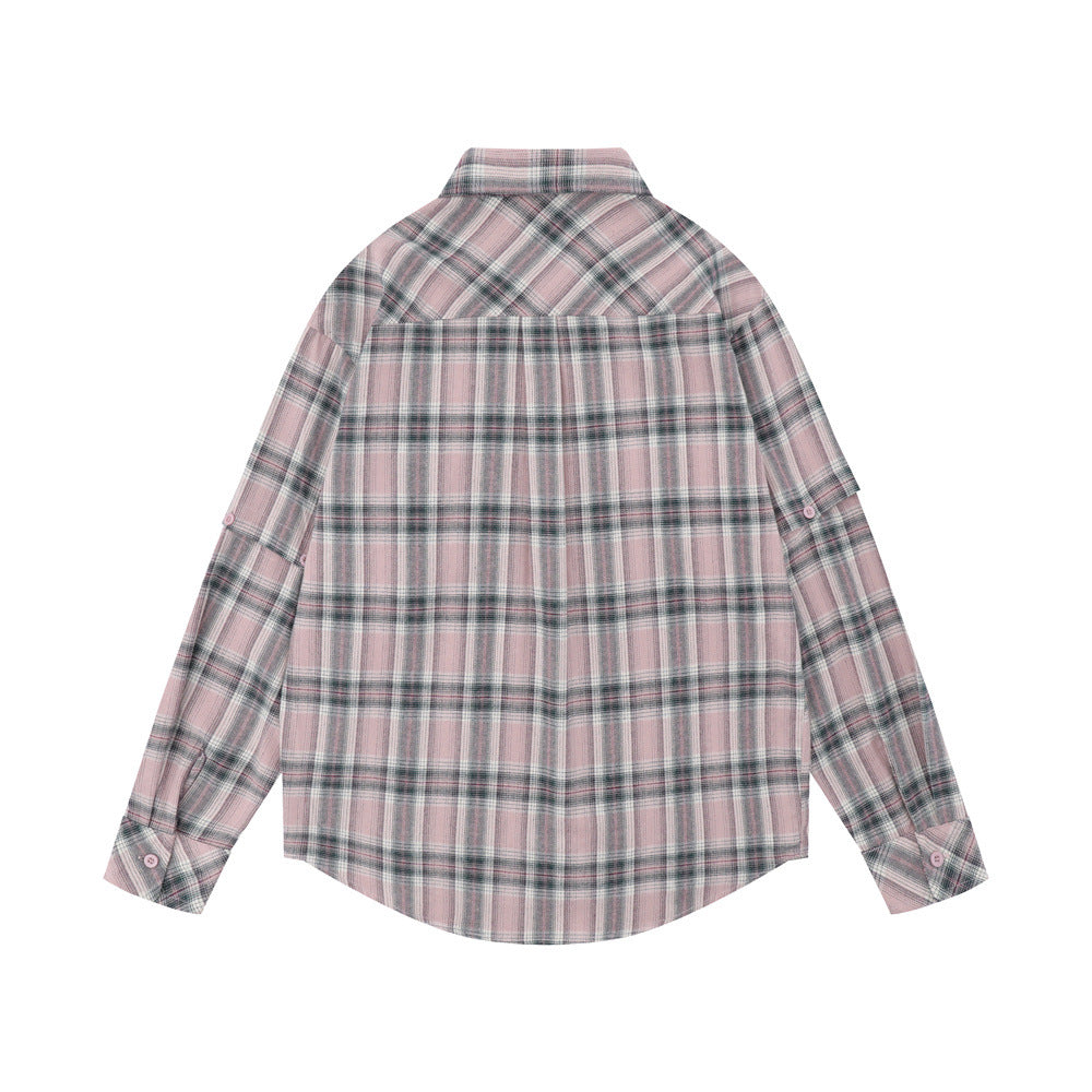 Plaid Long Sleeve Shirt Men's Sleeve Detachable Two-way Wear
