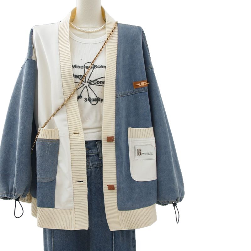 Hong Kong Style Patchwork Denim Jacket Women's Fat