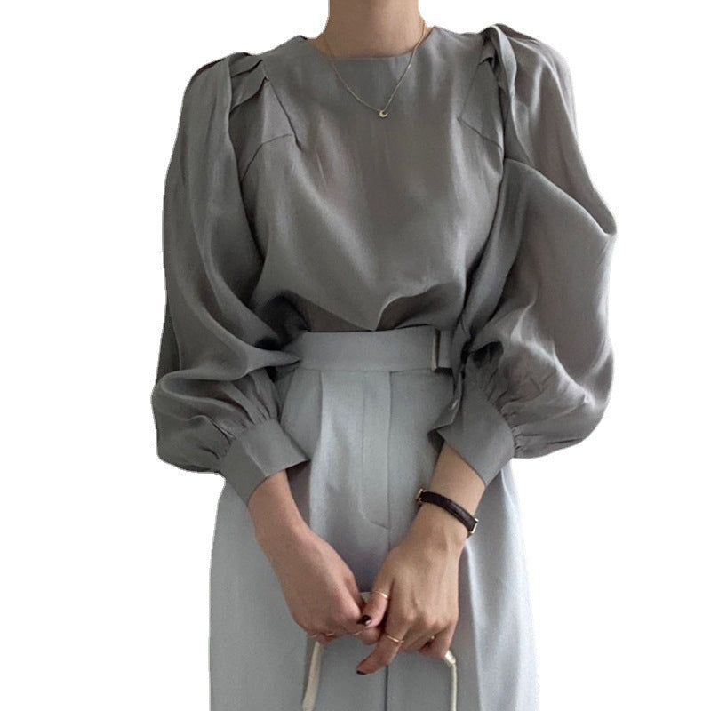 Women's Solid Color French Simplicity Round Neck Puff Sleeve Shirt