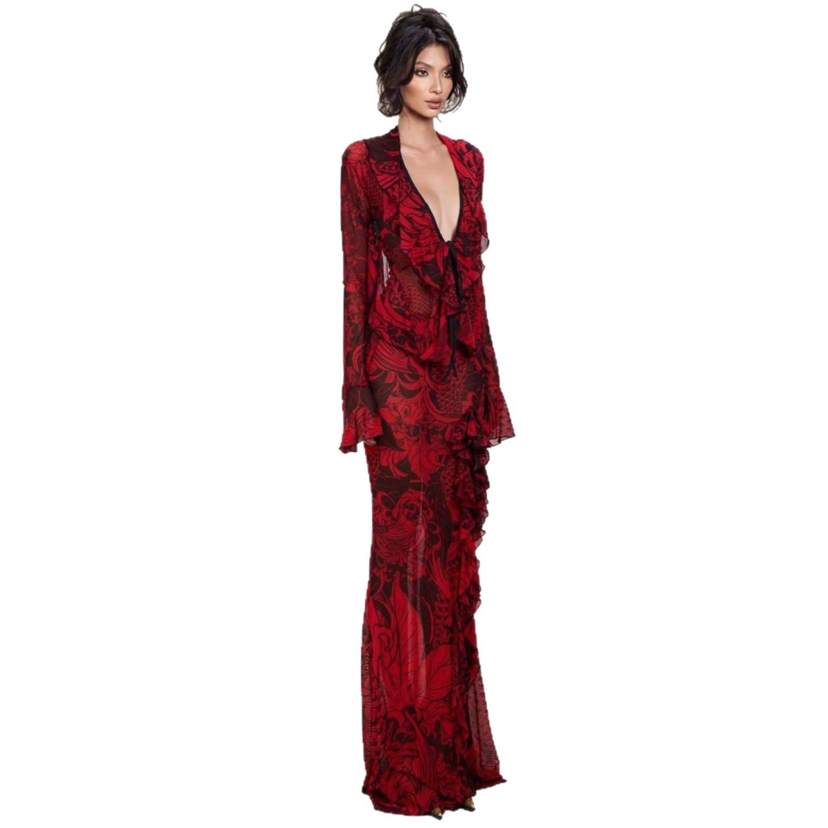 New French Style Retro Solid Color Lace Deep V Flared Sleeve Split Dress