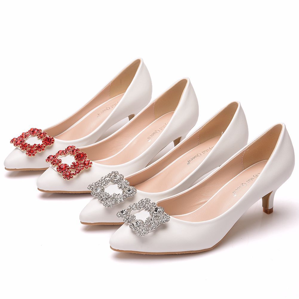 5cm Pointed Toe Shoes, Small Heel Mid-Heeled Shoes, Square Buckle Rhinestone Pointed Toe Shoes