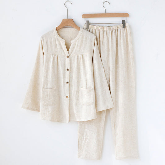 Womens Autumn Japanese-Style V-Neck Solid-Color Long-Sleeve Pantsuit