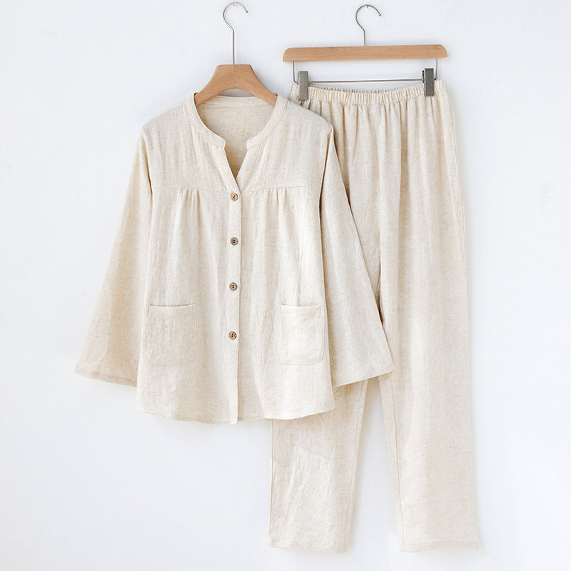 Womens Autumn Japanese-Style V-Neck Solid-Color Long-Sleeve Pantsuit