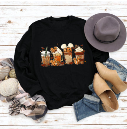 Christmas Latte European American Fashion Floral Print Round Neck Sweater
