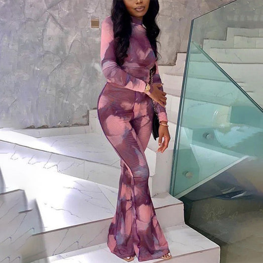 Printed Long-sleeved Fitted Top With Wide-leg Pants