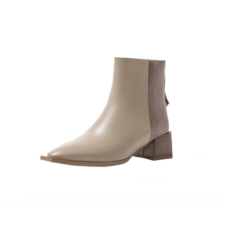 Stitched Pointed Back Zipper Mid-block Heel Ankle Boots