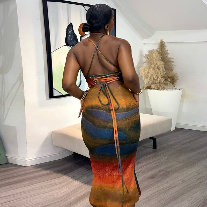 Womens Breathable Printed Backless Maxi Bodycon Shoulder Straps Dress