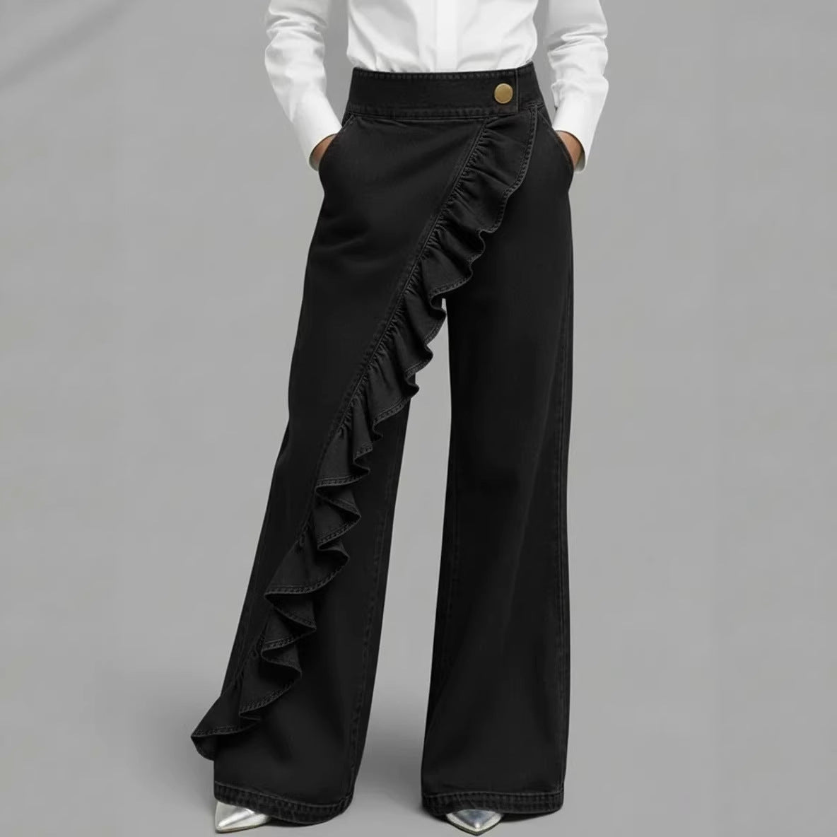 Retro Irregular High-Waist A-Line Denim Trousers
