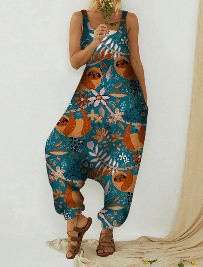 Cute Animal Print Loose Plus Size Casual Beach Overalls