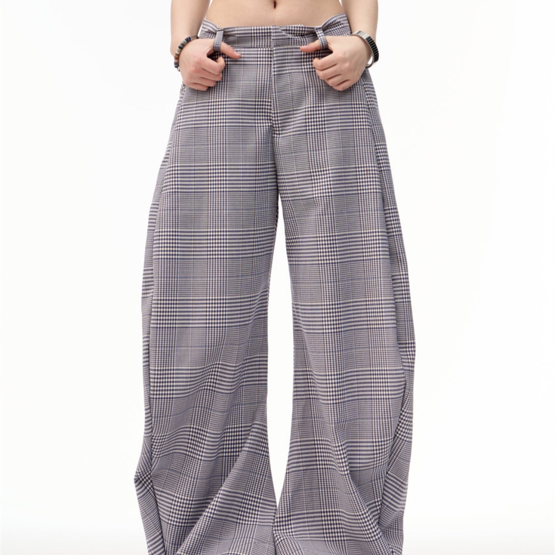 Women's American Retro Plaid Patchwork Wide Leg Pants