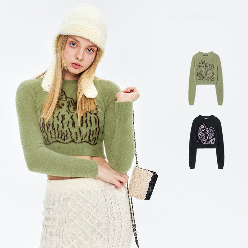 Green Puppy Plush Short Autumn And Winter Sweater Women's Round Neck Cute