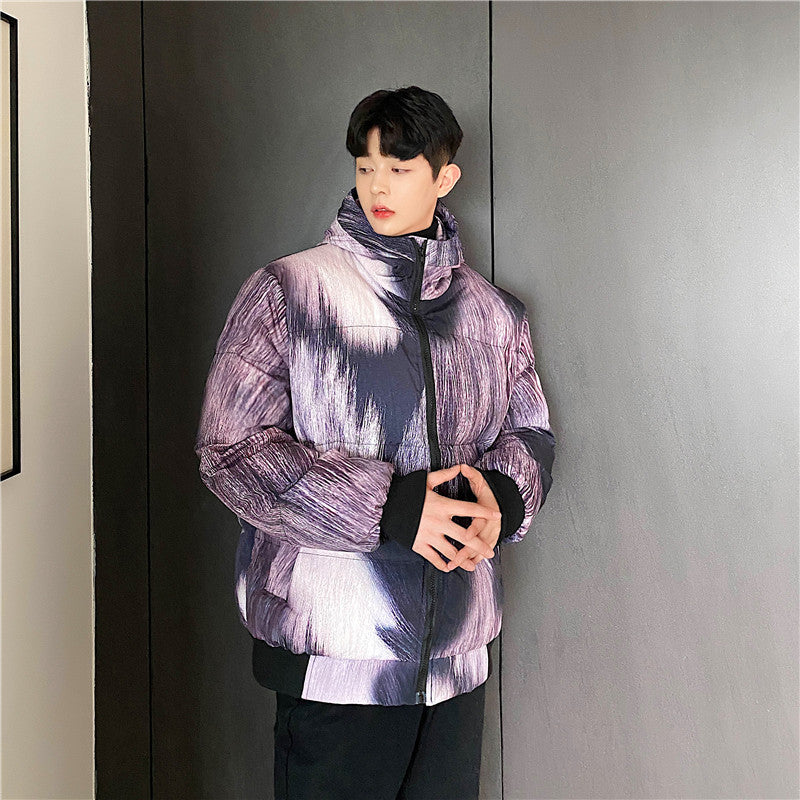 Fried Street Purple Fur Animal Print Fur Three-dimensional Print Hooded Cotton Jacket Men