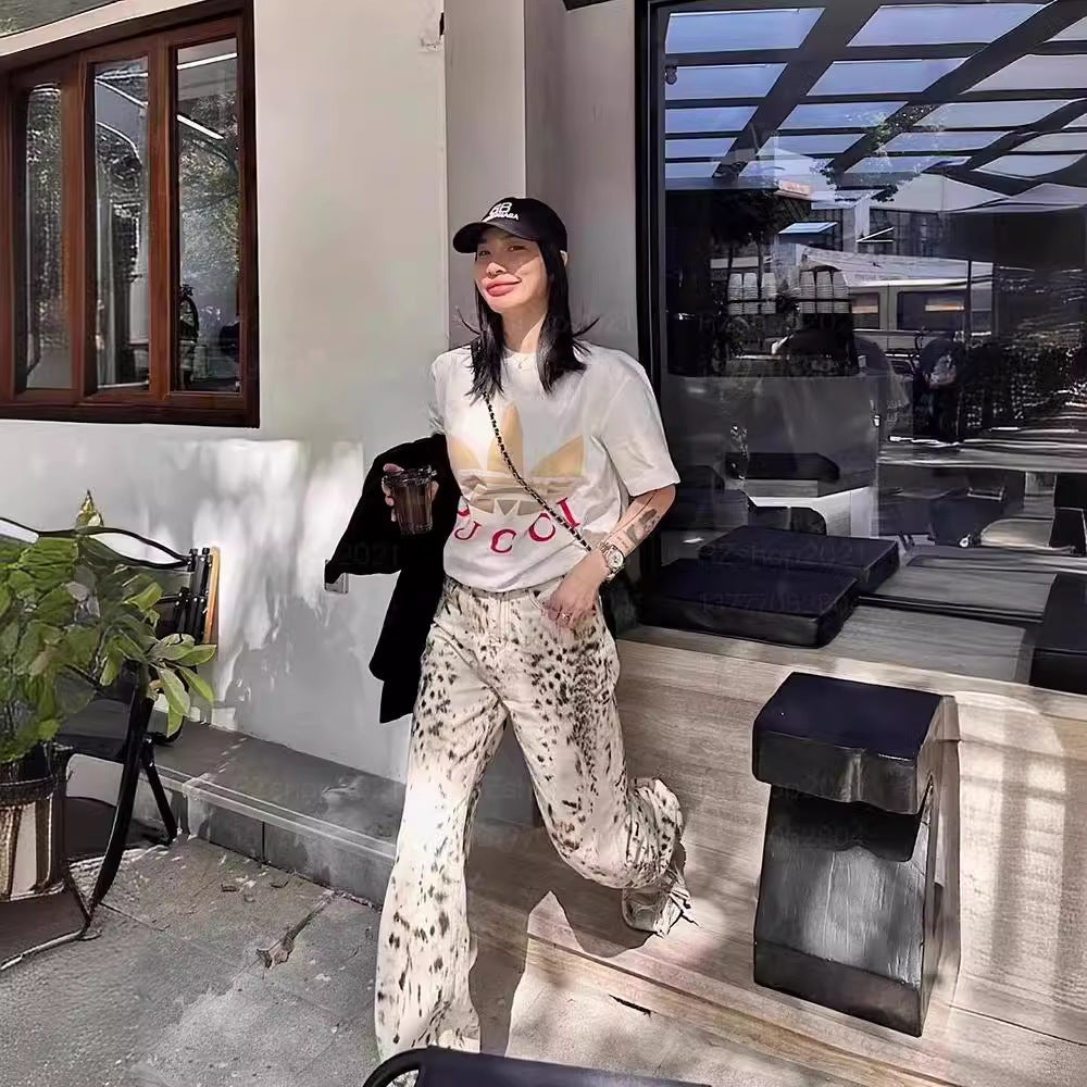 New Vintage Leopard Print Straight All-matching High Waist Slimming Women's Jeans