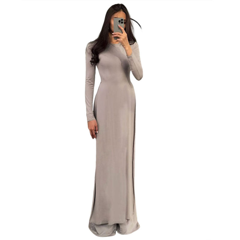Stylish Solid-Color, Elegant Long-Sleeve Top And Flared Pants Set