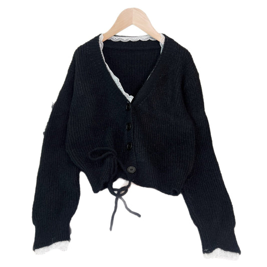Stitching Lace Fashion Casual Knitted Cardigan V-neck Women's Sweater
